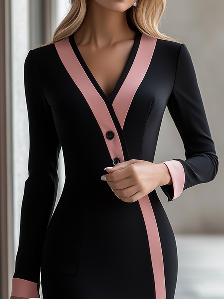 (sale)Contrast-Trim Long-Sleeve Bodycon Dress
