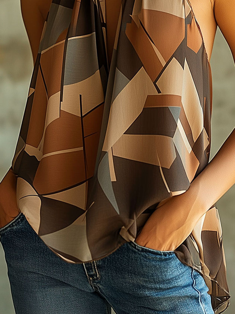 (clearance)Boho Chic Geometric Print Draped Halter Top