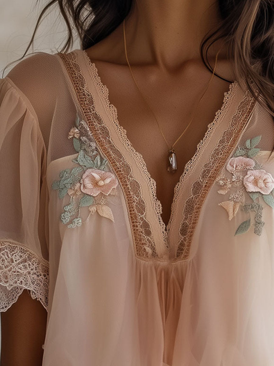Boho Floral Embroidered Chiffon Blouse
