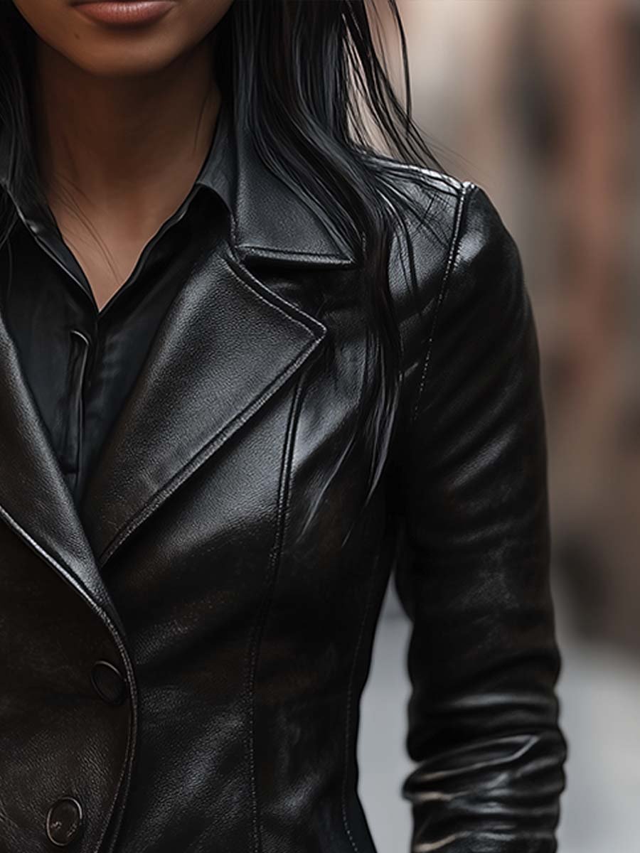 Vintage Lapel Button Faux Leather Jacket