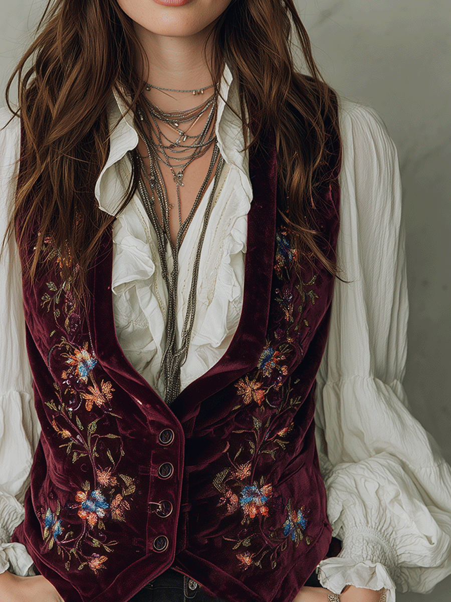 Burgundy Embroidered Velvet Vest Burgundy Embroidered Velvet Vest