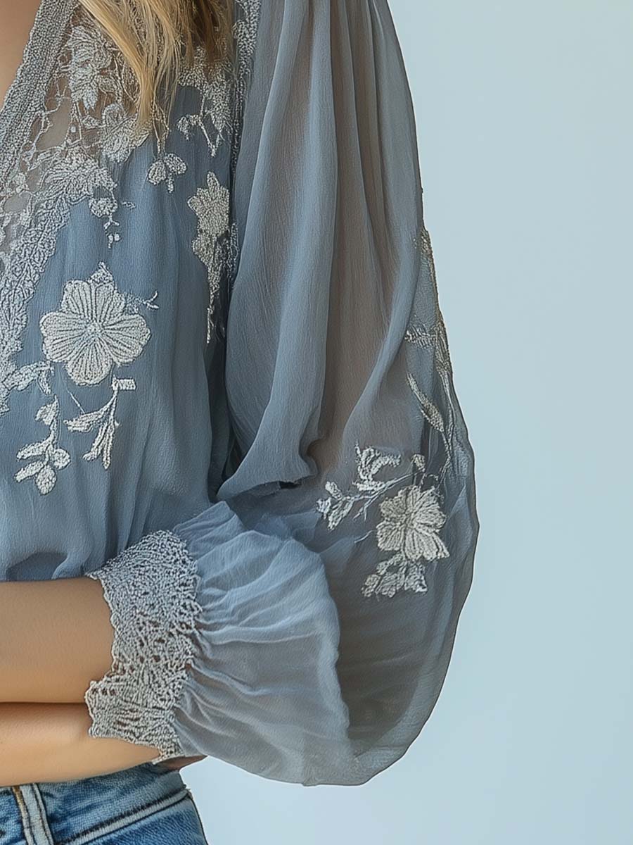 (ship in 24 hours )Bohemian Sheer Embroidered Lace Blouse