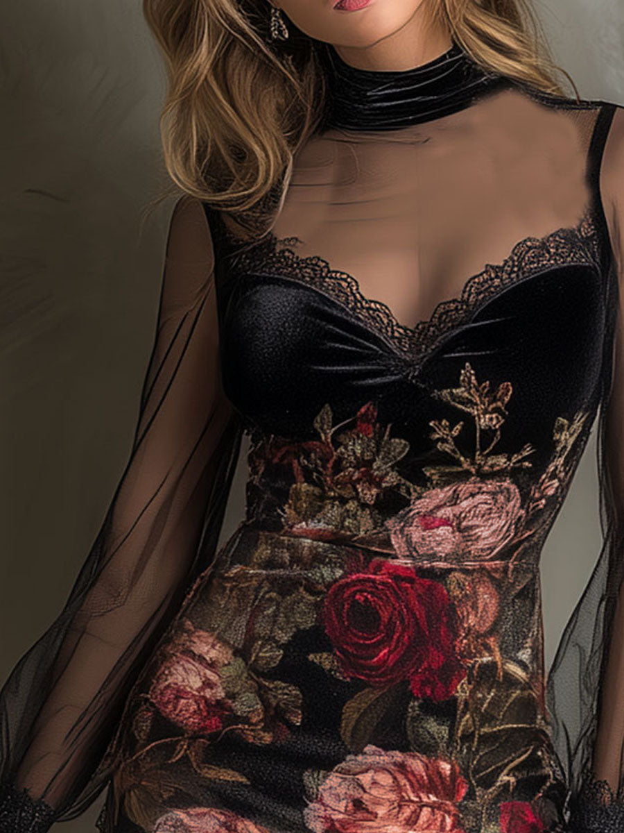 Velvet Rose Print Sheer Patchwork Mini Dress With Lace Trim