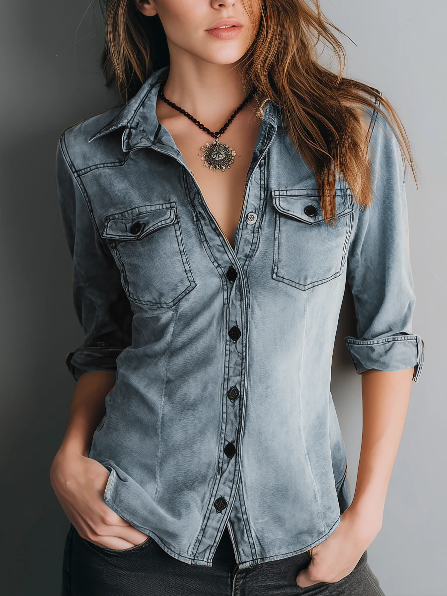 Retro Washed Contrast Stitching Blouse