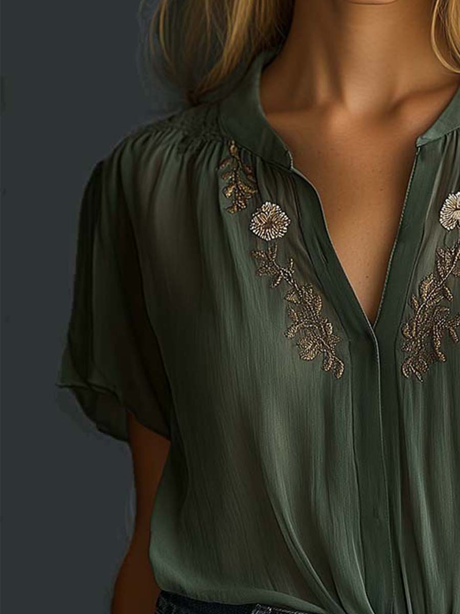 Vintage Embroidered Chiffon Short Sleeve Shirt